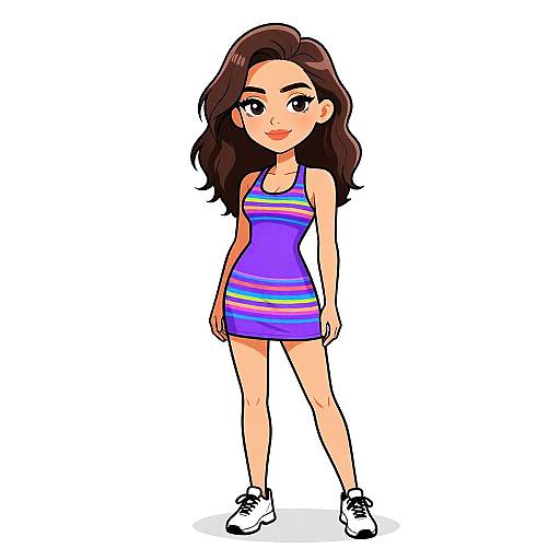 Digital cartoon of a smiling young woman with wavy brown hair, wearing a purple and pink striped dress and white sneakers.