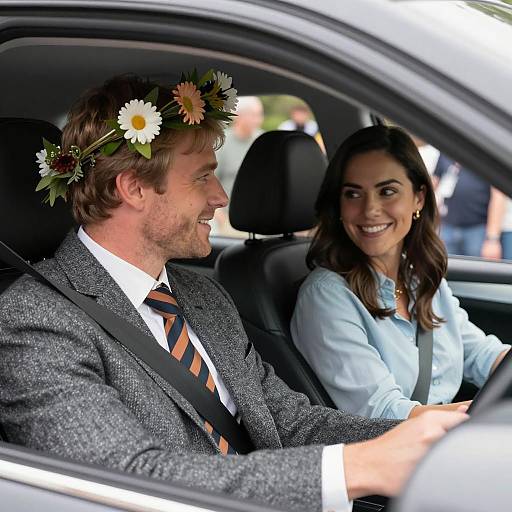 Smiling Couple in Car with Flower Crown