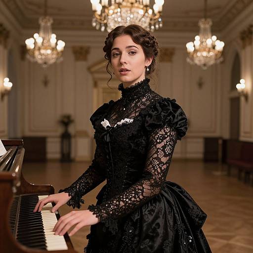 Photograph of a young woman with fair skin and dark curly hair, wearing a detailed black lace Victorian dress, playing a piano in an elegant, ch