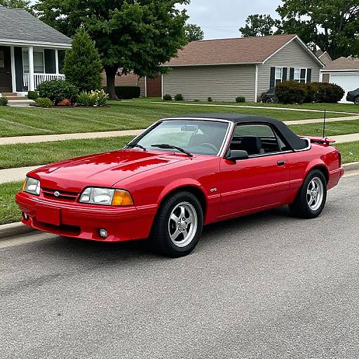 Photograph of a bright red, classic convertible sports car parked on a suburban street with two houses and green lawns in the background.