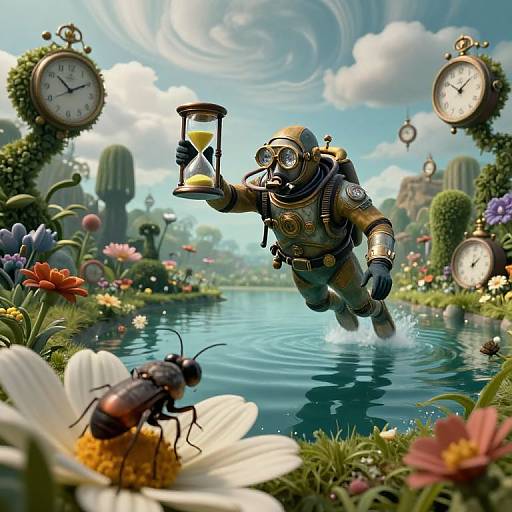 Digital illustration: Sci-fi diver in gas mask, holding hourglass, jumps into vibrant, clock-filled pond with flowers, bees, and cacti