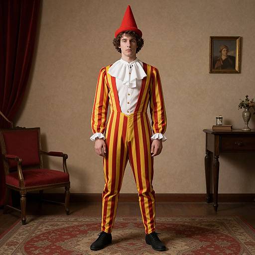 Photograph of a young man with curly brown hair, wearing a red cone hat, red and yellow striped jester suit, white ruffled shirt,