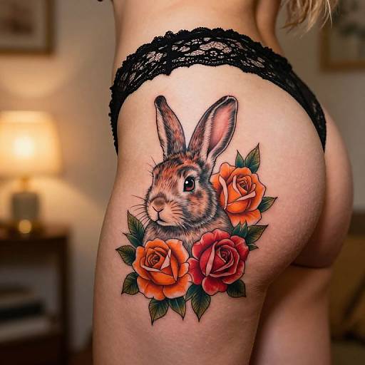 Photograph of a woman's buttock with detailed, colorful tattoo of a realistic rabbit surrounded by orange and red roses, wearing black lace panties, in