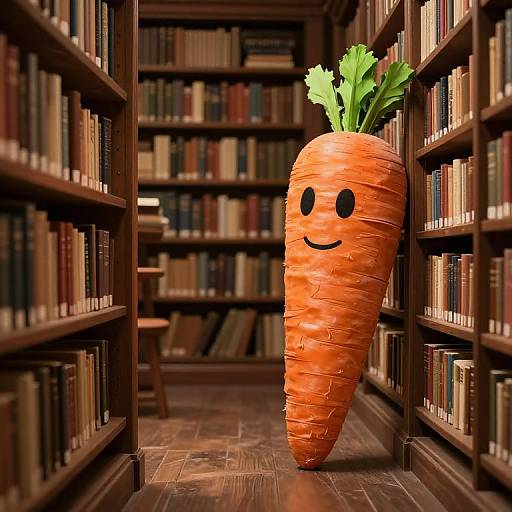 Photograph of a whimsical, orange, carrot-shaped sculpture with black eyes and a smile, standing between two book-filled wooden shelves in a library.