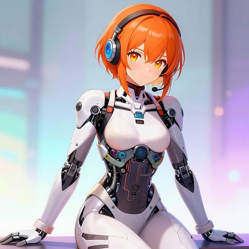 Digital anime-style artwork of a cute, orange-haired girl in a white and black futuristic bodysuit with blue accents, wearing blue headphones, sitting against