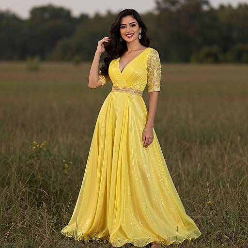 Photograph of a smiling woman with long dark hair, wearing a yellow, lace-trimmed, V-neck gown, standing in a grassy field
