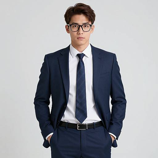 Photograph of a young Asian man with short dark hair, wearing black-rimmed glasses, a dark navy suit, white shirt, black tie,