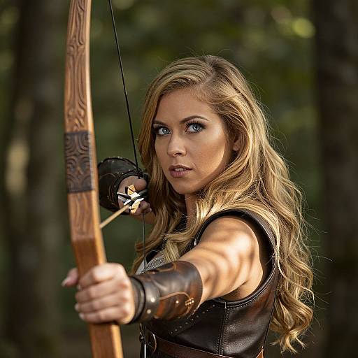 Photograph of a blonde, blue-eyed woman with long hair, wearing leather armor, drawing a wooden bow in a forest. Intense, focused expression