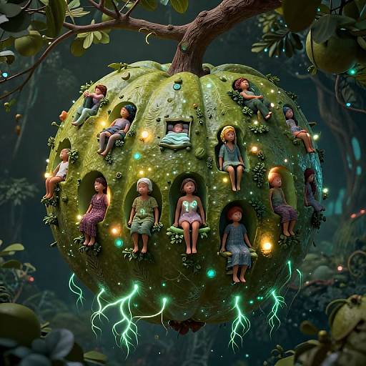 CGI image of a glowing, moss-covered, tree-hanging pumpkin with eight children, each in colorful clothes, sitting in illuminated holes, surrounded by