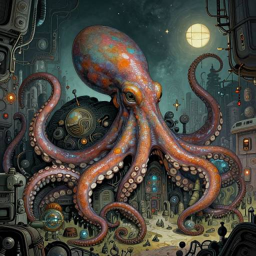 Digital illustration of a vibrant, starry night cityscape with a giant, multicolored, glowing octopus amidst futuristic, steampunk machines and