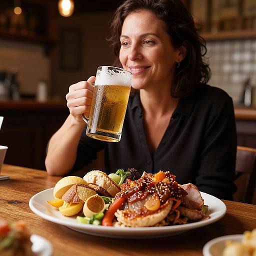 Photograph of a smiling woman with dark curly hair in a black shirt, holding a frothy beer, enjoying a plated German meal with sausages