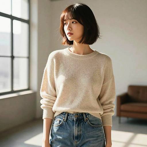 Photograph of an Asian woman with a short black bob, wearing a beige sweater and high-waisted blue jeans, standing in a sunlit,
