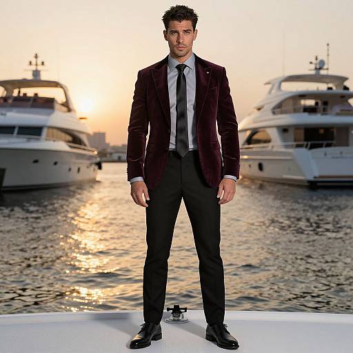 Photograph of a handsome man in a dark purple velvet blazer, black tie, and black pants, standing on a yacht at sunset, with two