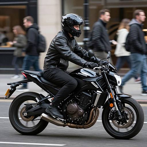 Photograph of a motorcyclist in black leather gear and helmet, riding a black motorcycle through a bustling city street. Blurred pedestrians in the background