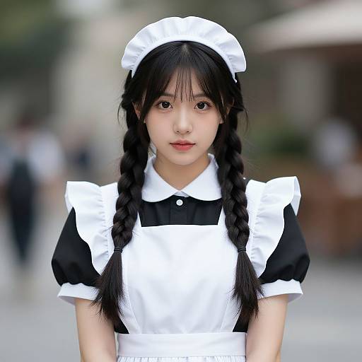 Photograph of an Asian woman with long black hair in twin braids, wearing a white and black maid outfit with a headpiece, standing outdoors with