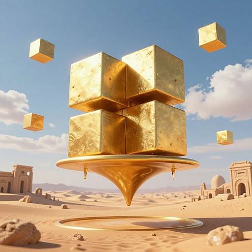Surreal Floating Golden Block Structures