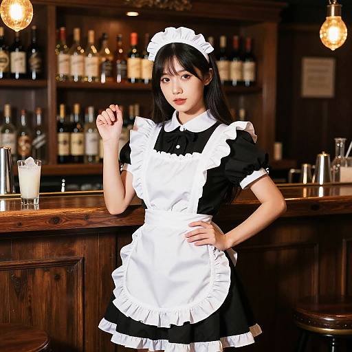 Woman in Classic Maid Costume at Bar