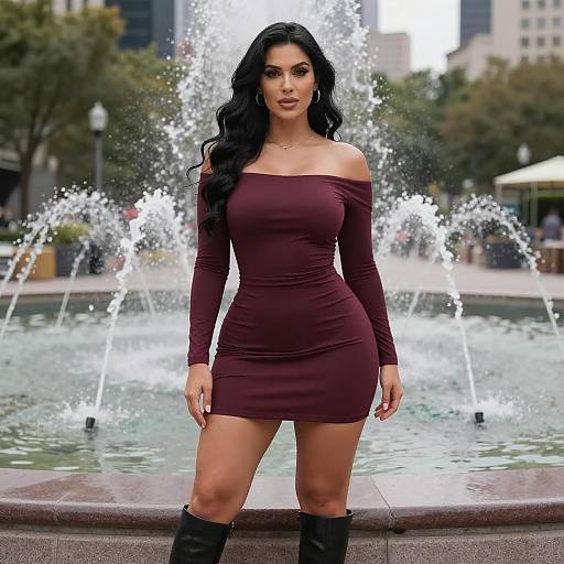 Photograph of a curvy woman with long black hair, wearing an off-shoulder maroon dress and black boots, standing in front of a