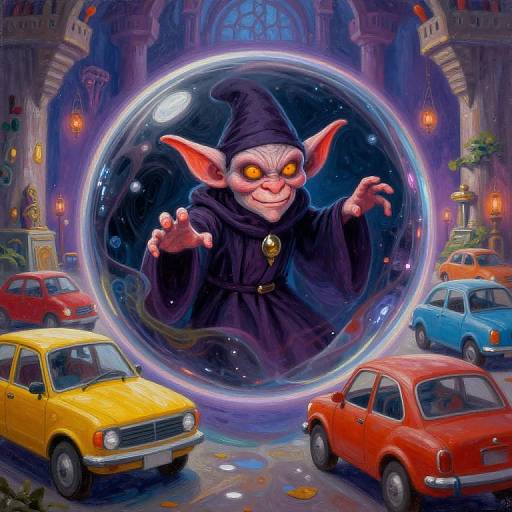 Digital painting of a mischievous, glowing-eyed goblin in a black hood emerging from a glowing orb in a bustling, colorful city street with vintage