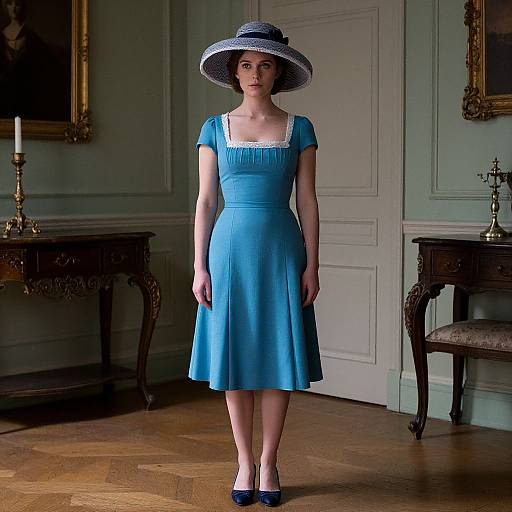 Photograph of a fair-skinned woman in a turquoise, short-sleeved, knee-length dress and navy hat, standing in a vintage, green