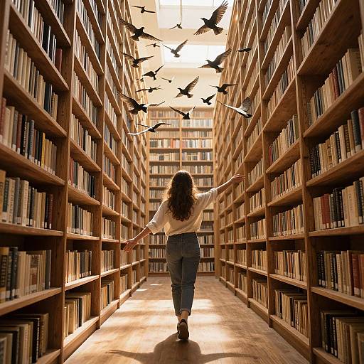 Photograph of a woman with curly hair, wearing a white shirt and blue jeans, running down a sunlit library aisle, surrounded by flying black birds