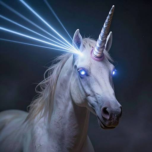 Photorealistic CGI of a glowing white unicorn with blue eyes and a spiraled horn, emitting blue laser beams from its head. Dark, indist