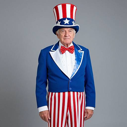 Elderly man in patriotic outfit: blue jacket, white shirt, red bowtie, red and white striped pants, tall top hat, gray background