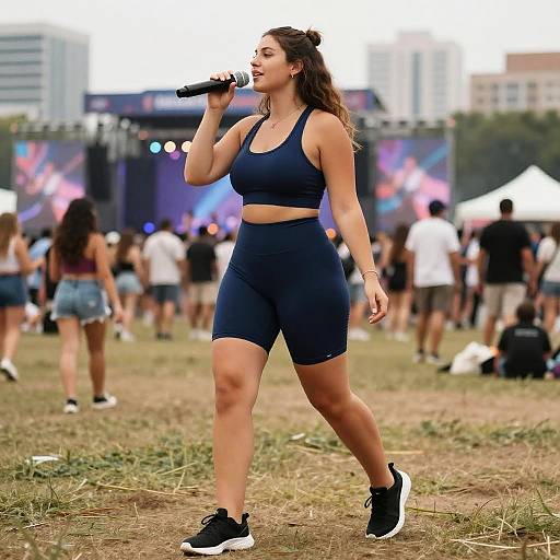 Photograph of a curvy, brown-haired woman in a navy sports bra and high-waisted shorts, singing into a microphone at an outdoor concert