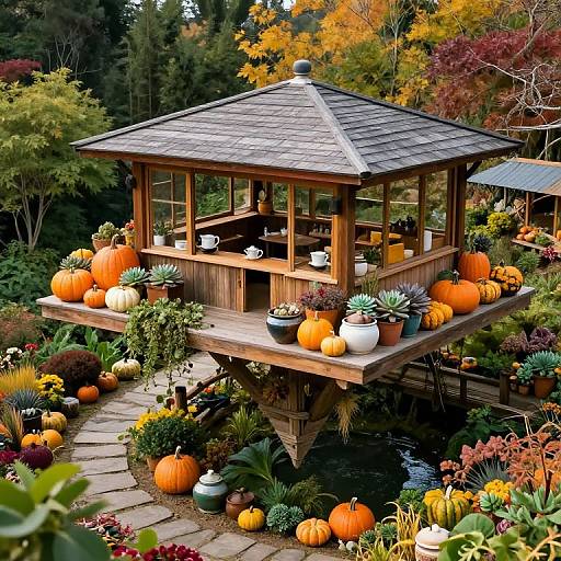 Photograph of a wooden, elevated gazebo adorned with pumpkins and potted plants, surrounded by a vibrant autumn garden with colorful foliage.
