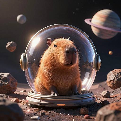 Capybara in Space Helmet with Planets and Asteroids