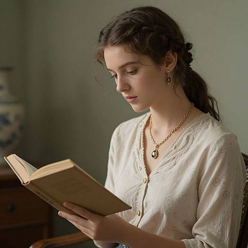 Young Woman Reading Vintage Book Indoors