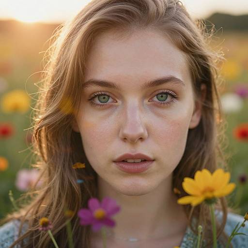 Close-up photograph of a fair-skinned young woman with green eyes, brown wavy hair, and freckles, surrounded by colorful wildflowers at