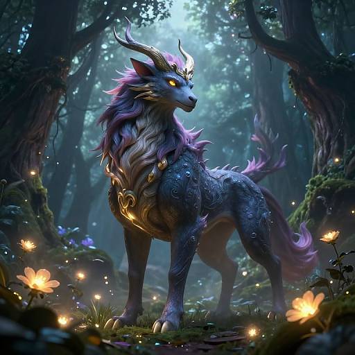 Digital fantasy artwork of a mystical, blue and purple, horned wolf with glowing yellow eyes, adorned with golden jewelry, standing in an enchanted forest illuminated