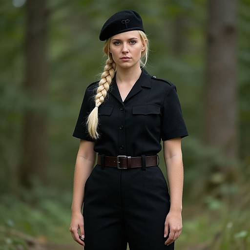 Blonde Woman in Military Uniform Outdoors