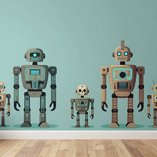 Photograph of five retro-style, turquoise and beige robot figures standing in a row on wooden floor against a light blue wall.