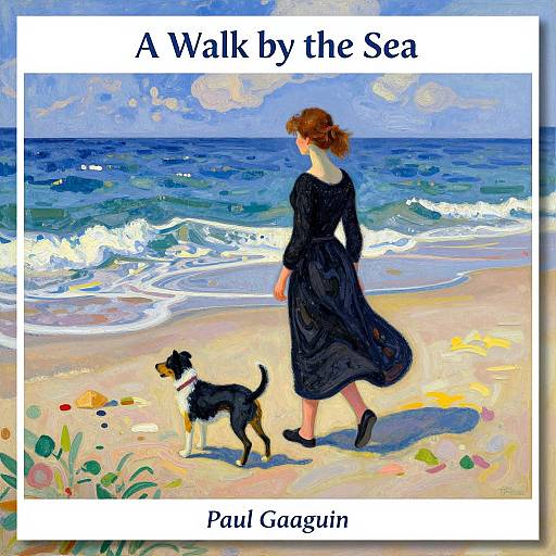 Colorful painting of a woman in a black dress walking a black dog by the sea, with waves and a bright sky. Text reads 