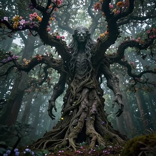 Digital art of a dark, twisted tree creature with a human face, entwined roots, and blooming flowers in a foggy forest.