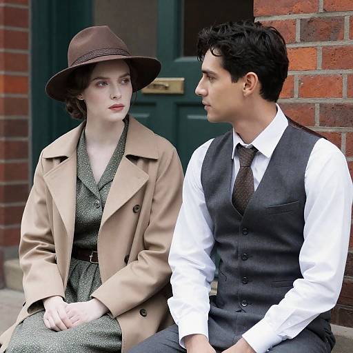Two People Sitting Outside Brick Building