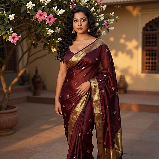 Elegant Woman in Silk Saree at Sunset