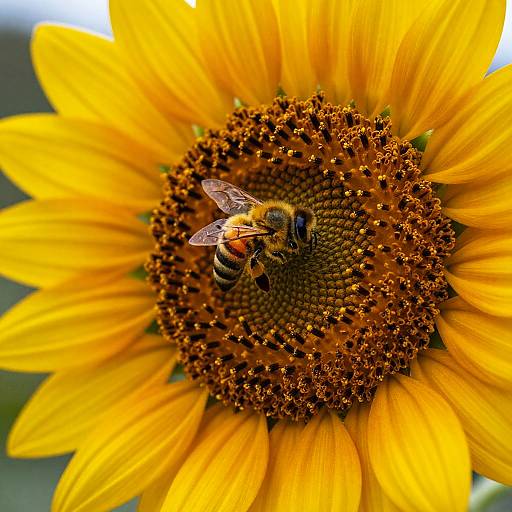 Close-up photograph of a honeybee with translucent wings, perched on a vibrant yellow sunflower with a brown, textured center.