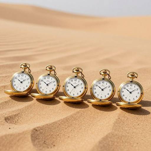 Five gold pocket watches with white faces and black hands lie in a row on golden sand, shadows cast on the dune. Photographic image.