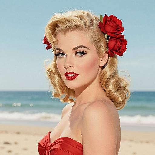 Photograph of a blonde woman with red rose hair accessory, red strapless dress, red lipstick, and blue ocean background. Retro, glamorous style.