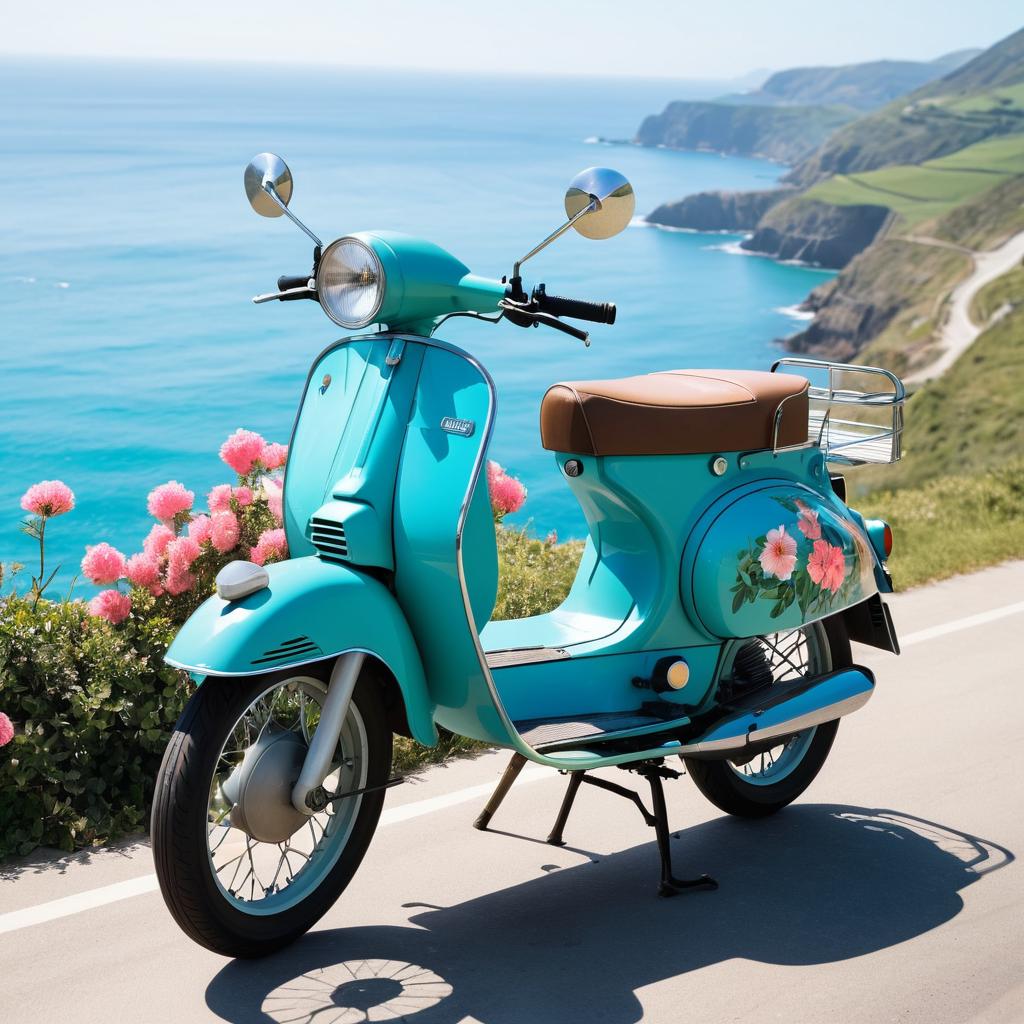 Vintage Aqua Blue Moped by Coastal Road