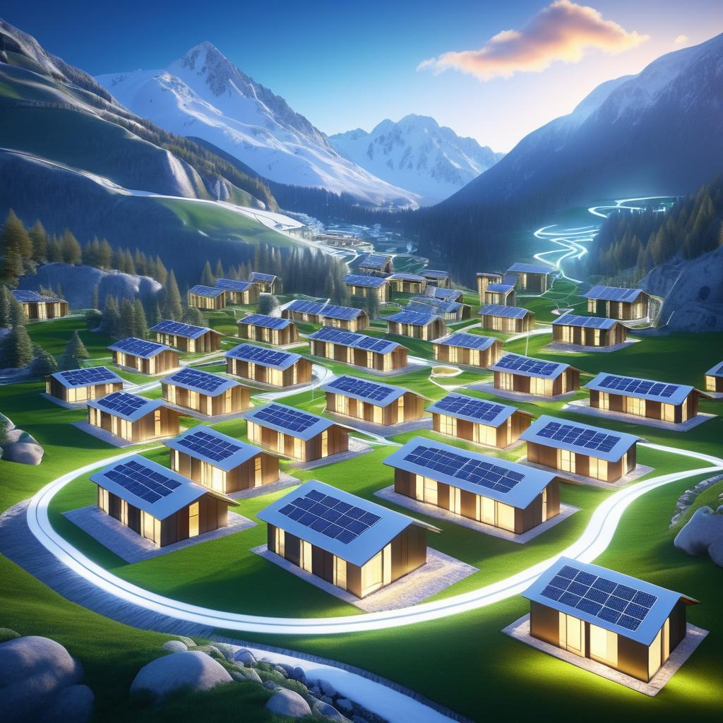 Futuristic Mountain Village with Renewable Energy