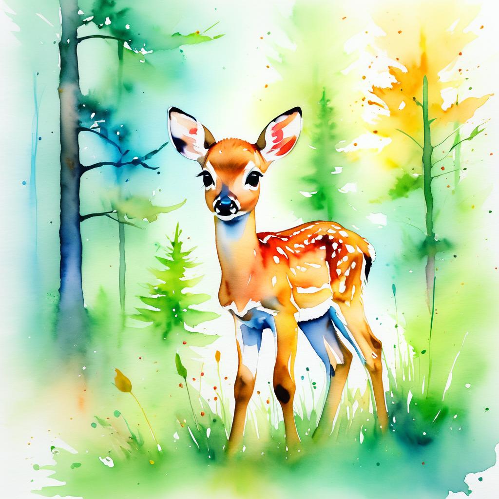 Vibrant Watercolor Baby Fawn in Forest