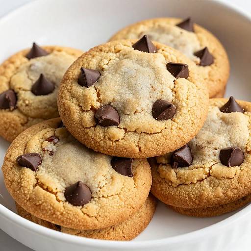Photograph of golden-brown chocolate chip cookies with dark chocolate chunks, stacked in a white bowl, showcasing their crispy edges and slightly cracked surfaces.