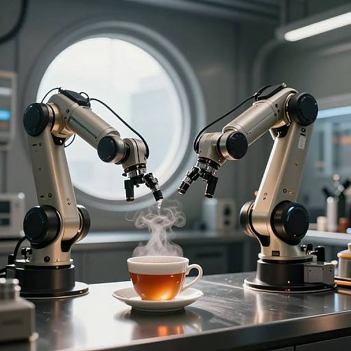 Photograph of two robotic arms in a laboratory, steaming coffee cup on a metal table, circular window in the background.