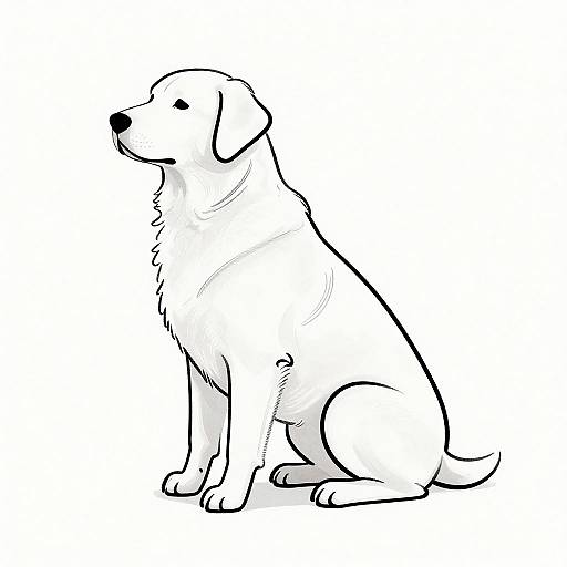 Black and white digital line drawing of a sitting golden retriever, facing left, with a calm expression and simple, clean lines.