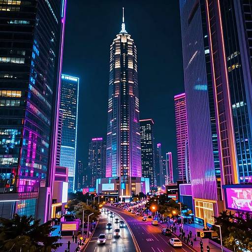 Neon-lit cityscape at night with towering skyscrapers, vibrant purple and pink lights, busy street with headlight trails, and illuminated buildings