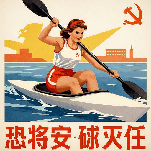 Digital illustration of a determined woman kayaking, wearing a white tank top and red shorts, with a hammer and sickle in the background. Japanese text